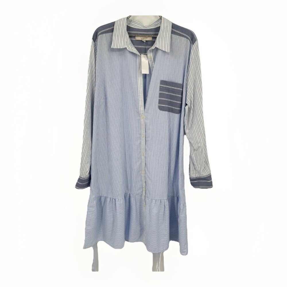 Loft Blue Chambray Striped Shirt Dress size XL Long Sleeve Mini Length with Belt